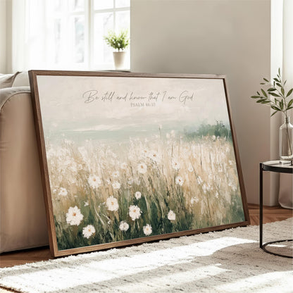A framed painting of a field of white flowers is displayed on a wooden stand in a living room, with a potted plant and a vase nearby.