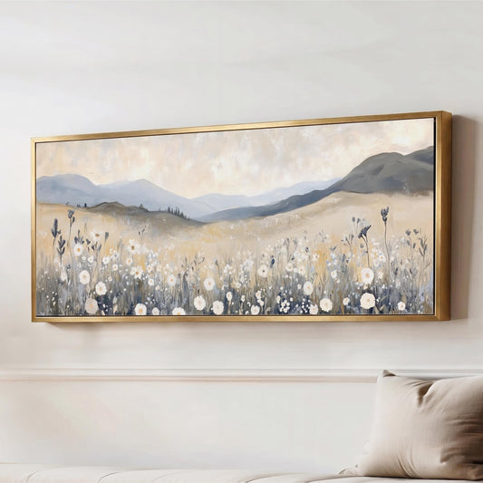 a large painting of a field with flowers hanging on a wall.