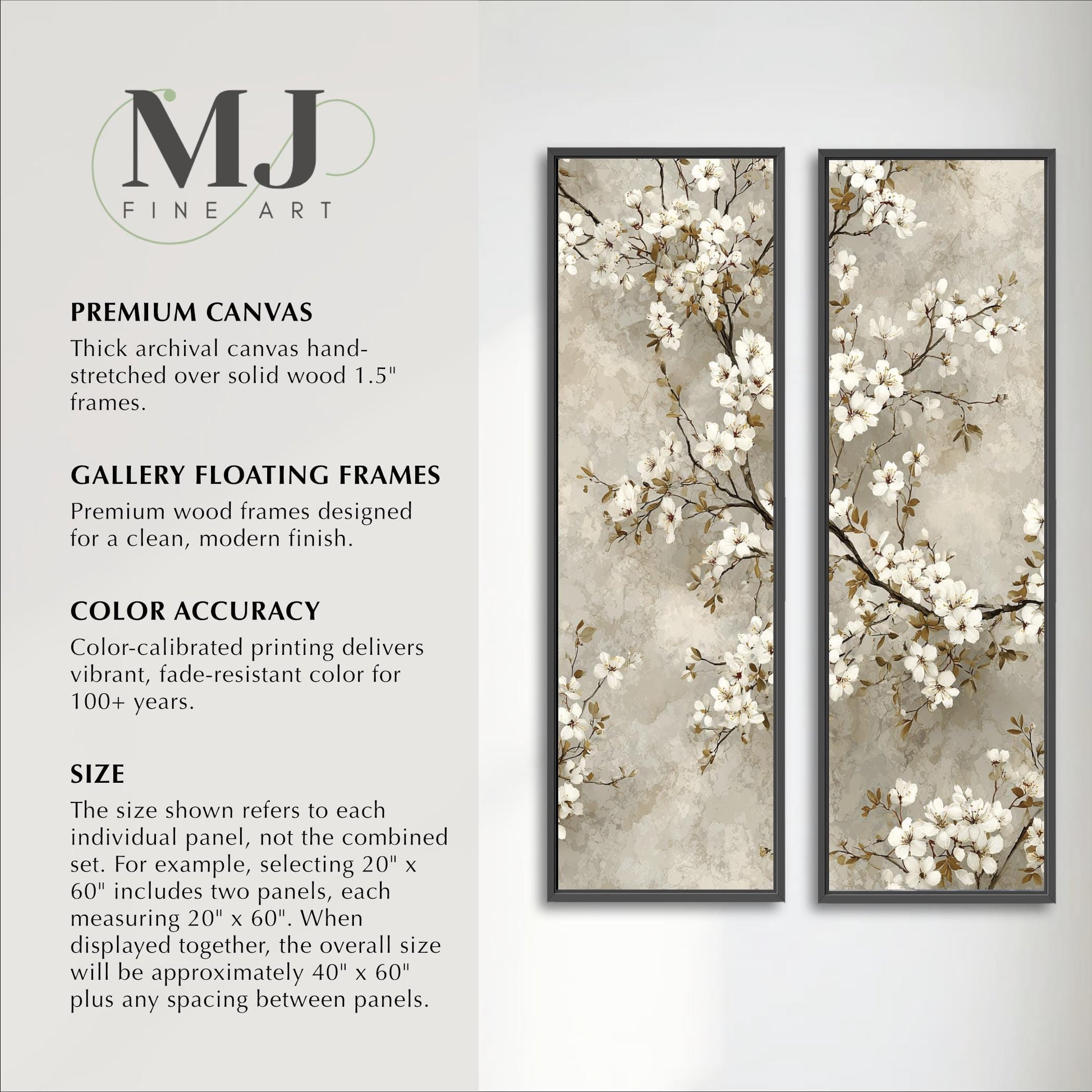 The image is a promotional material for MJ Fine Art, showcasing three different artworks: a premium canvas, a gallery floating frame, and a color-accurate painting. The size of the image is shown to be 20x60 inches, and the price is listed as $1.75 per panel. The image is a collage of multiple images, and the description should avoid redundancy and focus on the key elements of the artworks.