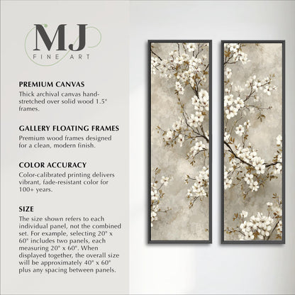The image is a promotional material for MJ Fine Art, showcasing three different artworks: a premium canvas, a gallery floating frame, and a color-accurate painting. The size of the image is shown to be 20x60 inches, and the price is listed as $1.75 per panel. The image is a collage of multiple images, and the description should avoid redundancy and focus on the key elements of the artworks.