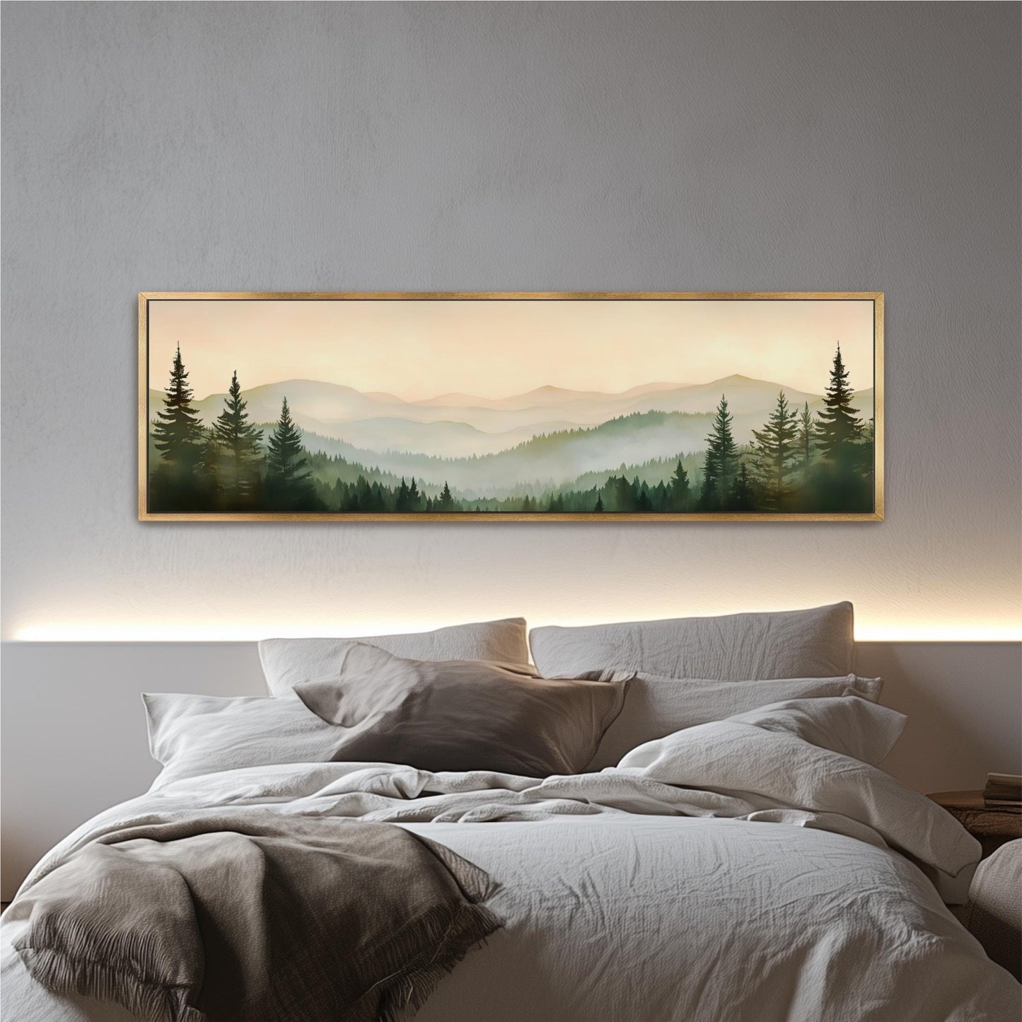 a large landscape painting hanging on a wall above a bed with white bedding.