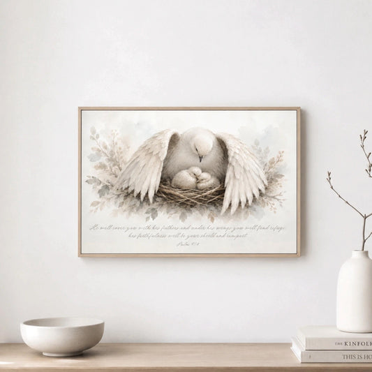 a framed painting of a white dove with its wings spread, sitting in a nest, with a text overlay that reads "It will cover you with its feathers and wings, and you will find shelter in its safety and warmth. His love will keep you safe and warm. His love will keep you safe and warm."