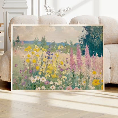 a large, framed painting of a colorful field of flowers, including yellow, pink, and purple blooms, set against a backdrop of trees and a blue sky.