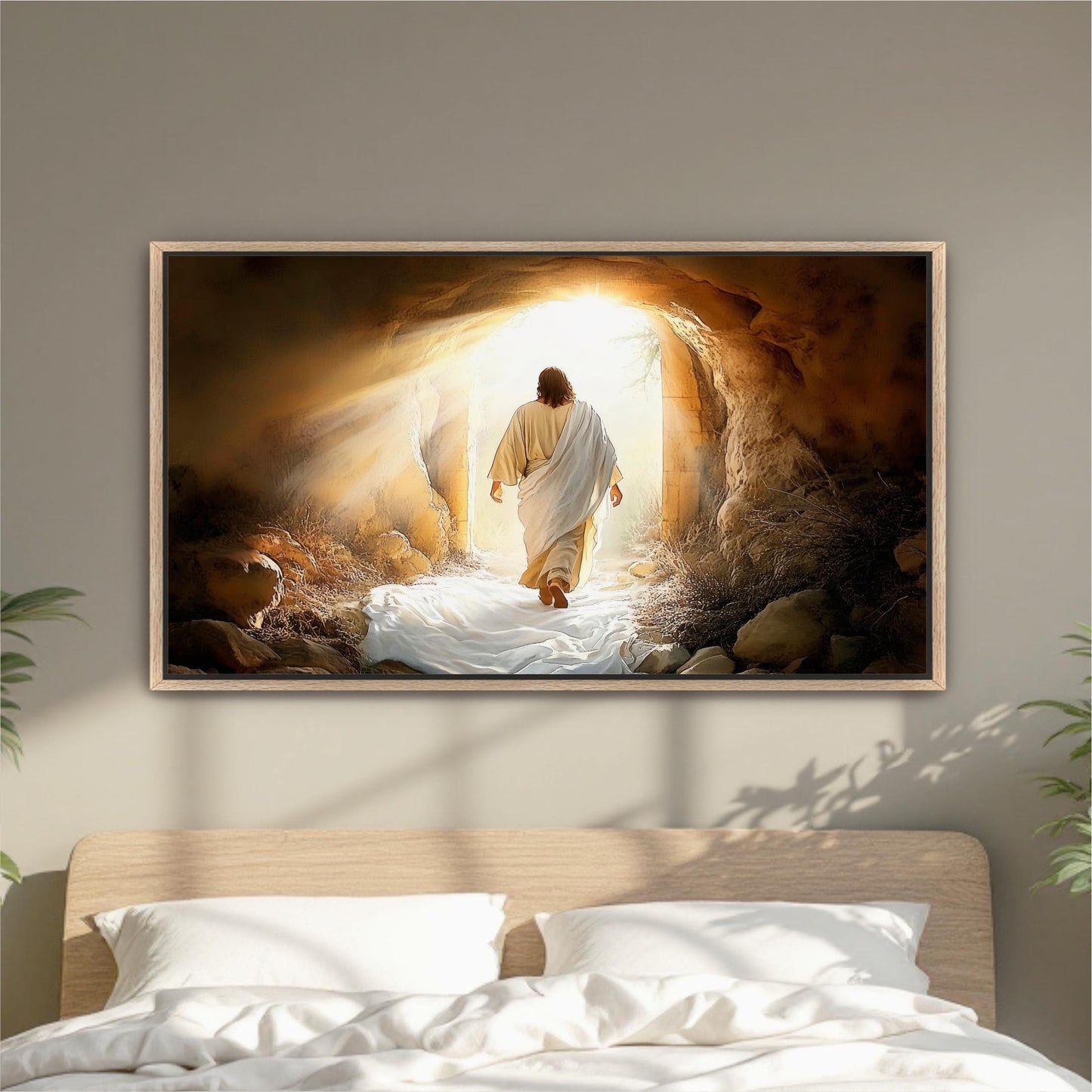 a person in a robe walking through a tunnel or cave, with sunlight streaming in from the top, creating a sense of hope and guidance.