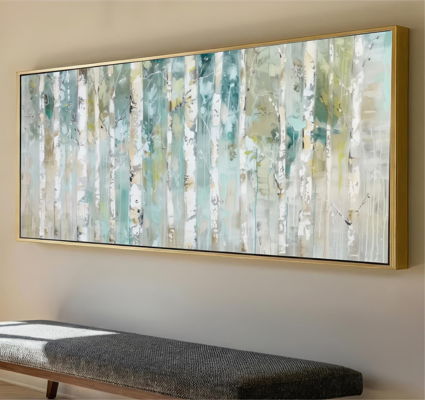 a large, abstract painting of a forest scene with tall trees and a mix of green, blue, and white colors. The painting is mounted on a wall above a gray bench, creating a cozy and inviting atmosphere in the room.