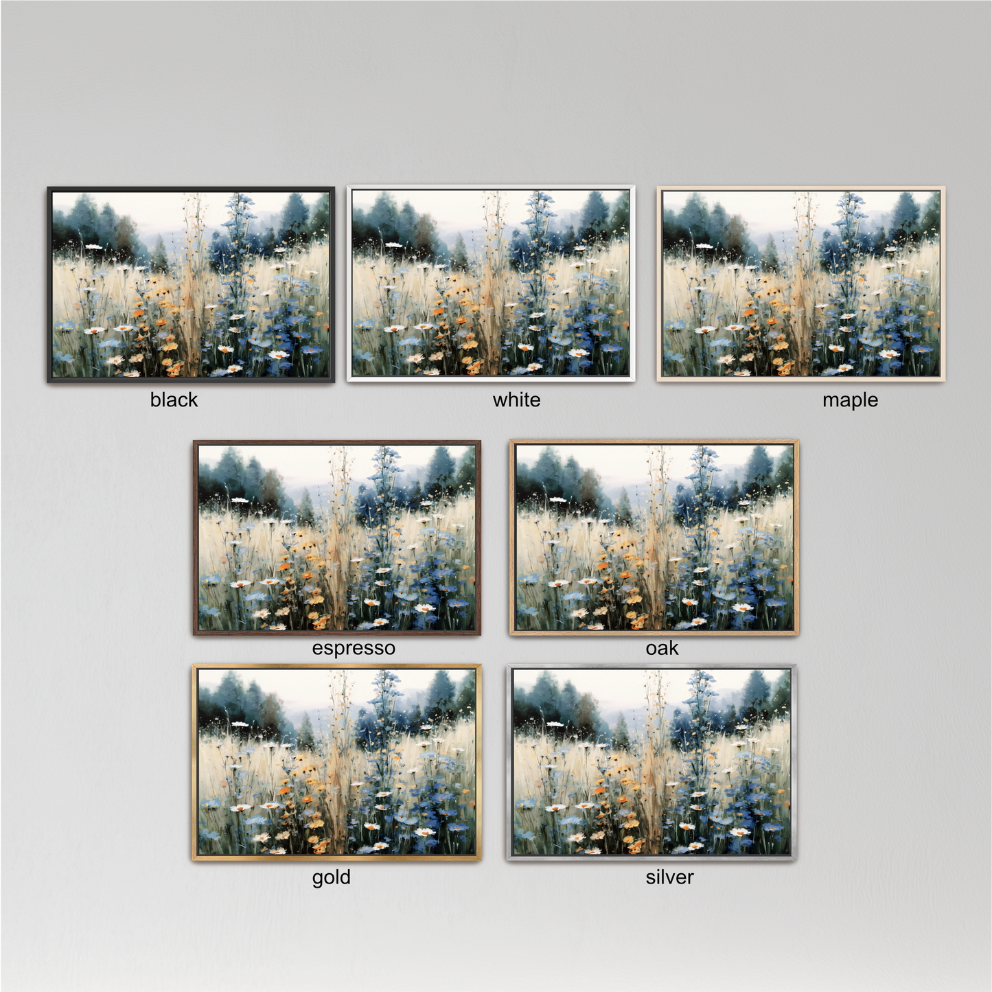 six different framed pictures of a field with flowers, each with a different color frame. The pictures are arranged in a grid format, with three pictures in each row and two pictures in each column. The frames are labeled with the color of the frame, such as black, white, and maple.