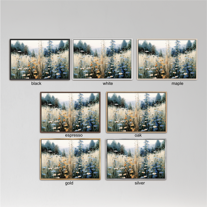 six different framed pictures of a field with flowers, each with a different color frame. The pictures are arranged in a grid format, with three pictures in each row and two pictures in each column. The frames are labeled with the color of the frame, such as black, white, and maple.