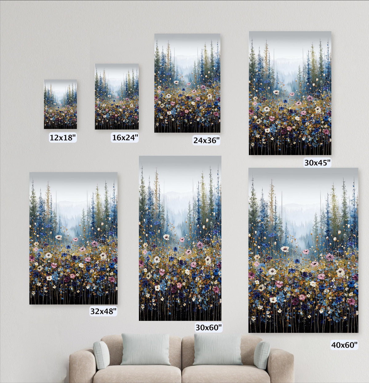 a collection of six framed landscape paintings on a wall, each depicting a forest scene with flowers. The paintings vary in size, ranging from 12x18" to 30x60", and are arranged in a grid-like pattern.