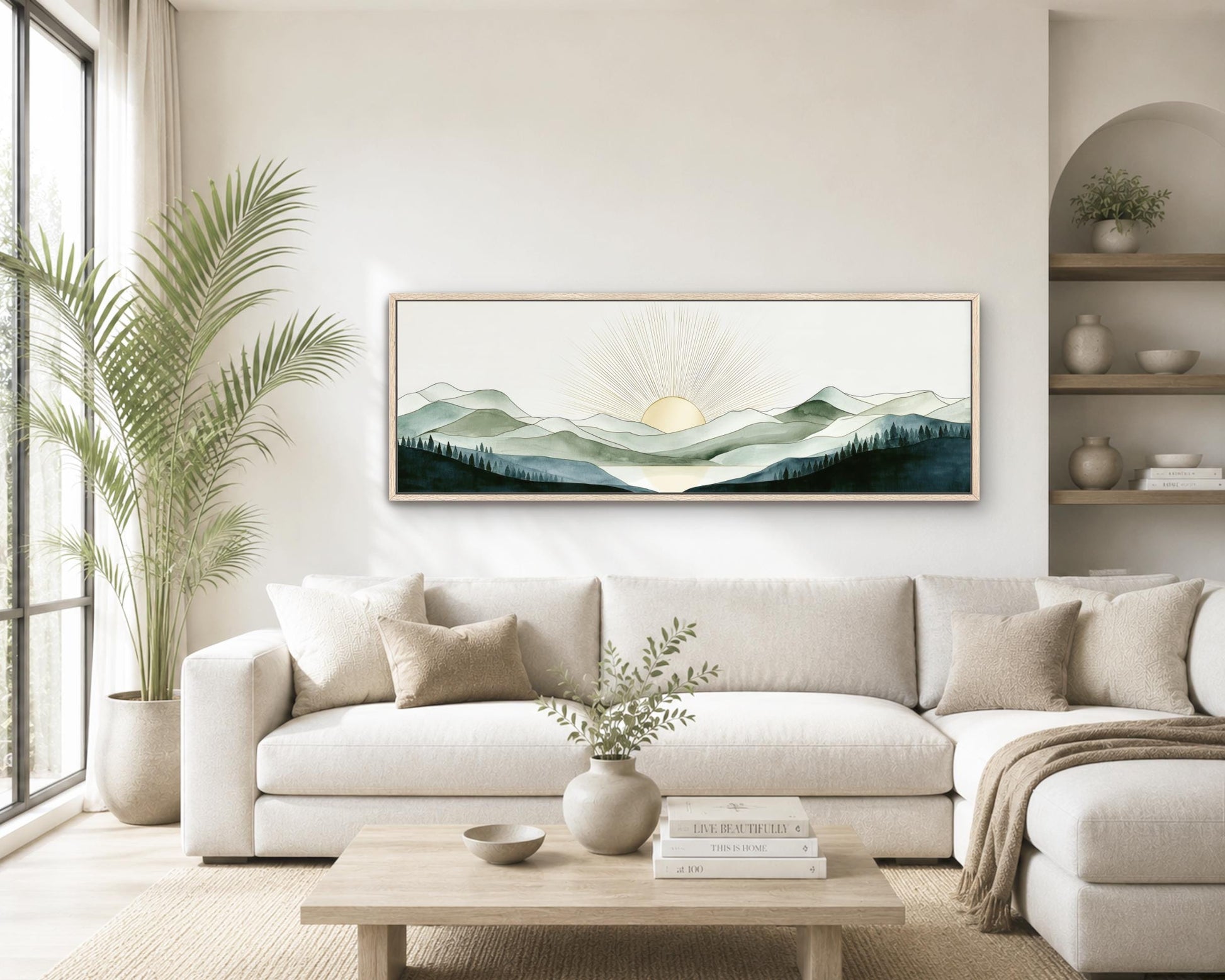 a serene living room with a large, white sectional sofa, a wooden coffee table, and a framed landscape painting hanging on the wall above the sofa.