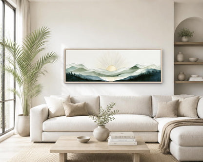 a serene living room with a large, white sectional sofa, a wooden coffee table, and a framed landscape painting hanging on the wall above the sofa.