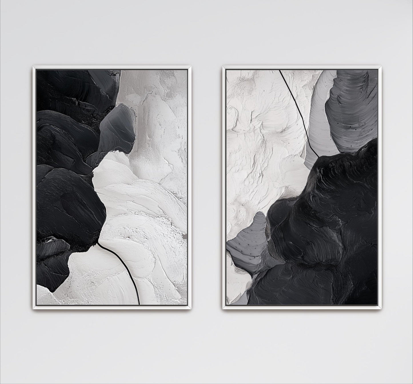 two abstract paintings with contrasting textures and colors. The left painting features a dark, textured surface with a lighter background, while the right painting has a lighter, smoother texture with a darker background. The paintings are framed and displayed on a wall, creating a visually striking contrast between the two pieces.