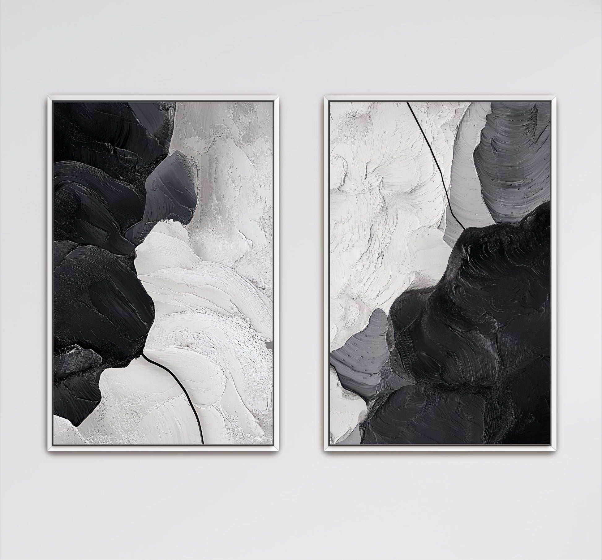 two abstract paintings with contrasting textures and colors. The left painting features a dark, textured surface with a lighter background, while the right painting has a lighter, smoother texture with a darker background. The paintings are framed and displayed on a wall, creating a visually striking contrast between the two pieces.
