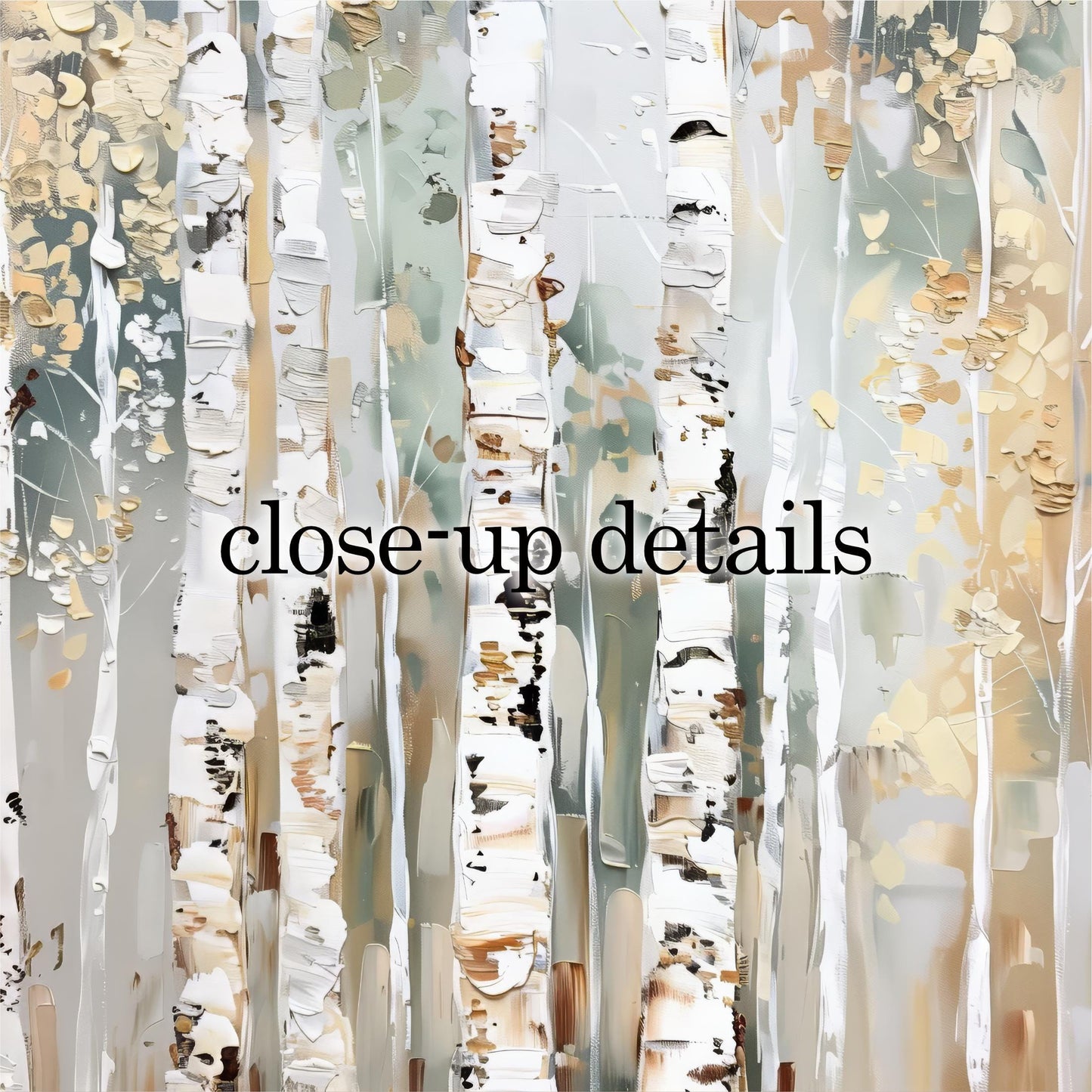 The image is a close-up of a painting featuring a group of birch trees with white bark and a mix of green and brown tones.