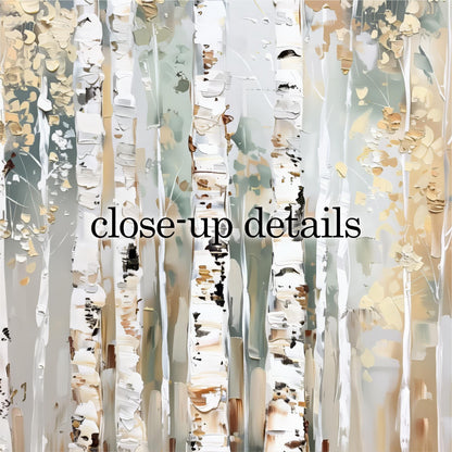 The image is a close-up of a painting featuring a group of birch trees with white bark and a mix of green and brown tones.