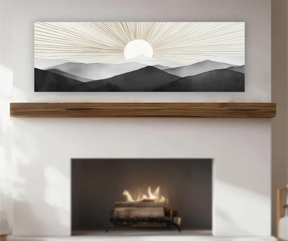 a fireplace with a warm fire burning inside, and above it is a large painting depicting a mountain landscape with a sun in the sky.
