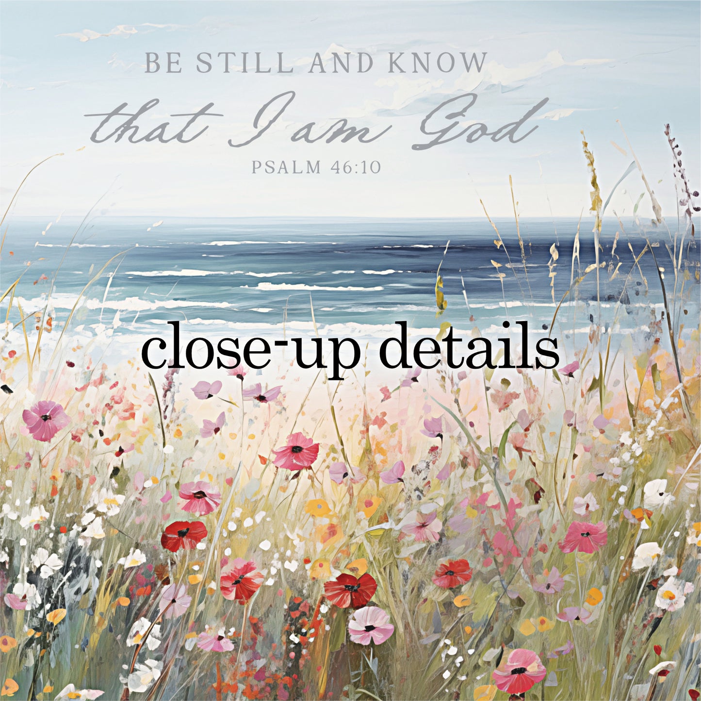 The image is a painting of a field of colorful flowers, with a body of water in the background. The text overlay reads "Be still and know that I am God" and "PSALM 46:10".