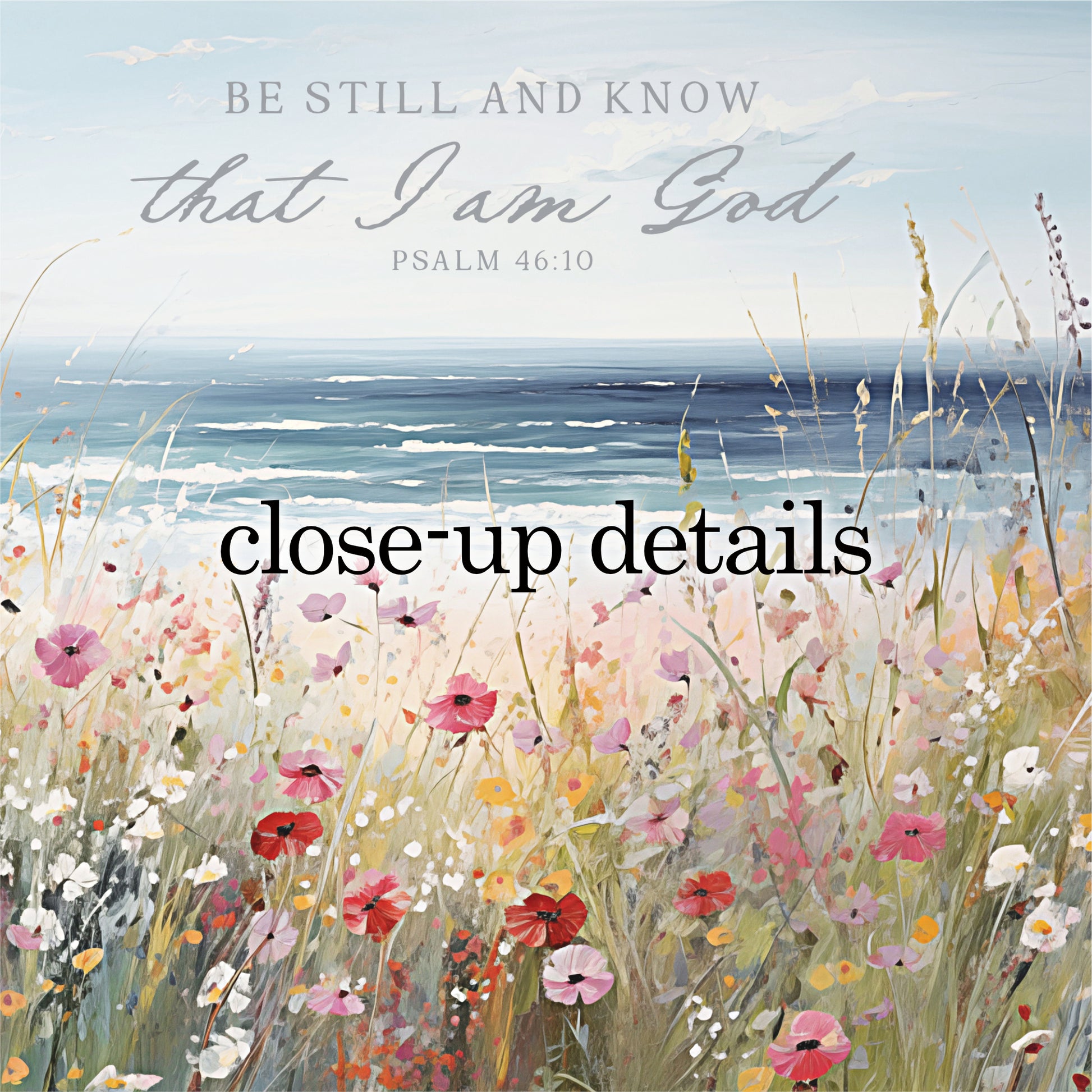 The image is a painting of a field of colorful flowers, with a body of water in the background. The text overlay reads "Be still and know that I am God" and "PSALM 46:10".