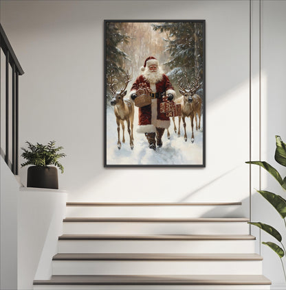 A framed painting of Santa Claus holding reindeer on a snowy path, with a staircase in the foreground.