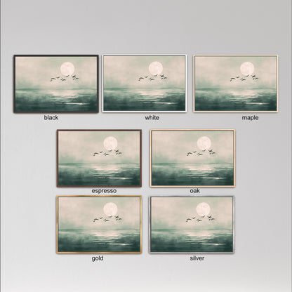 six different framed pictures of a serene landscape with a full moon, birds flying, and a body of water. The pictures are arranged in a grid format, with each frame displaying a different color and frame style.