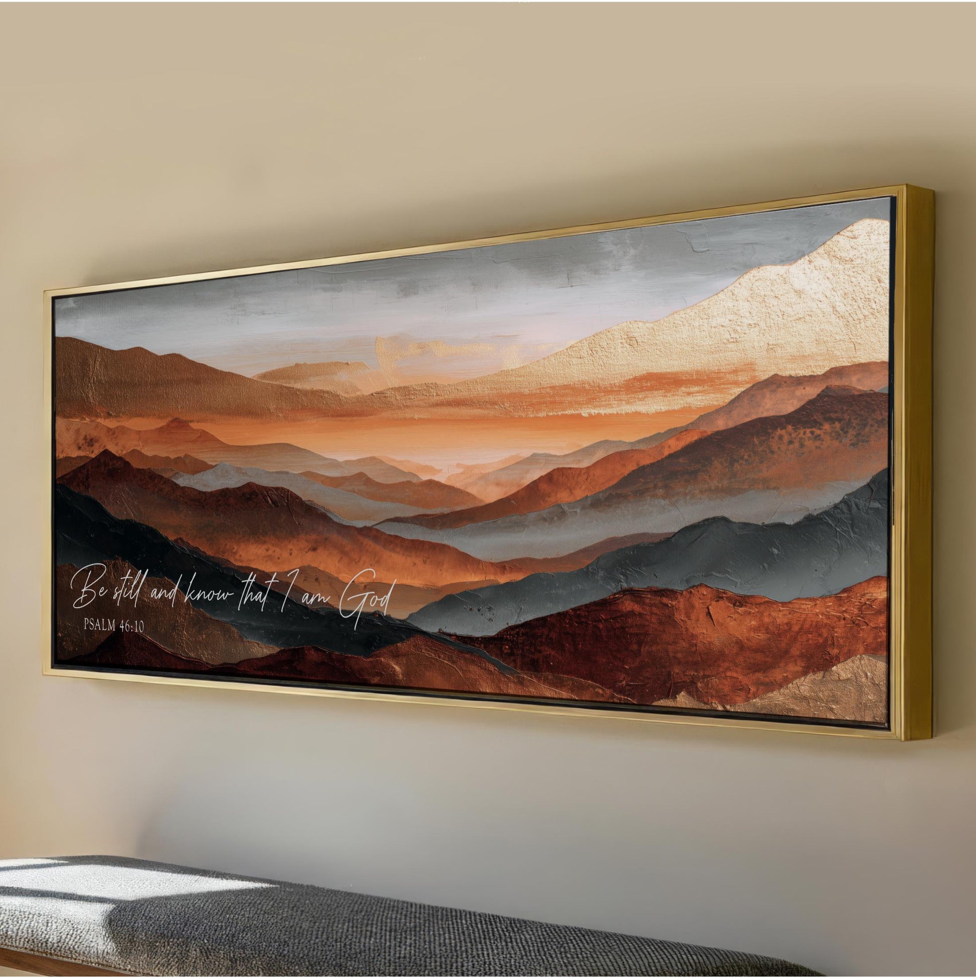 Scripture Artwork, Be Still And Know That I Am God, Psalm 46:10 Orange, Copper, Rust Mountains Landscape Framed Art Canvas Print