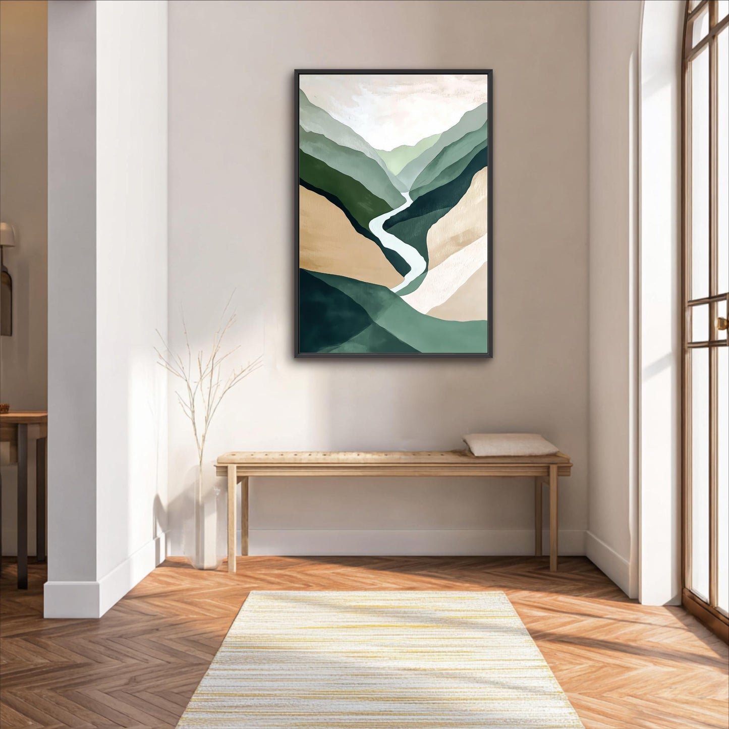 a modern and minimalist interior design with a large abstract painting hanging on the wall above a wooden bench.