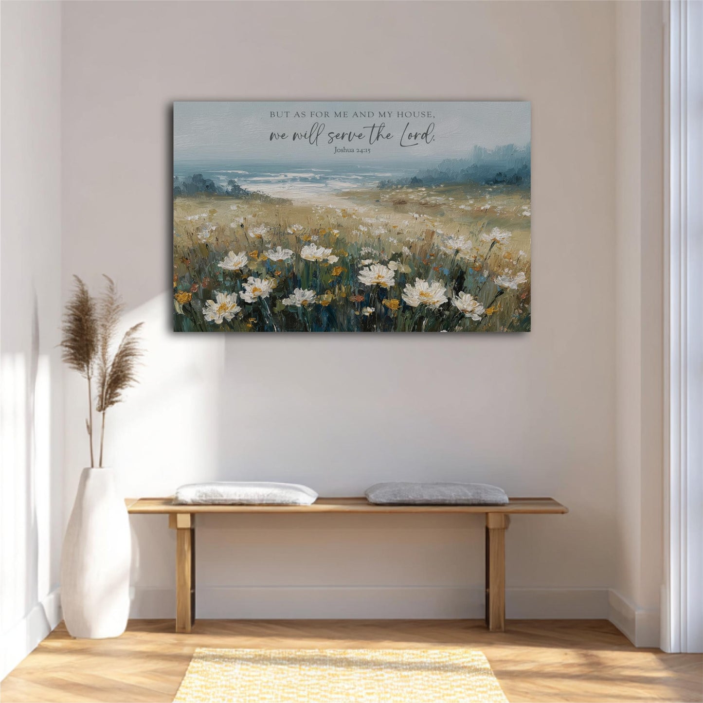 a serene indoor setting with a wooden bench, a vase of flowers, and a painting of a field of flowers hanging on the wall.