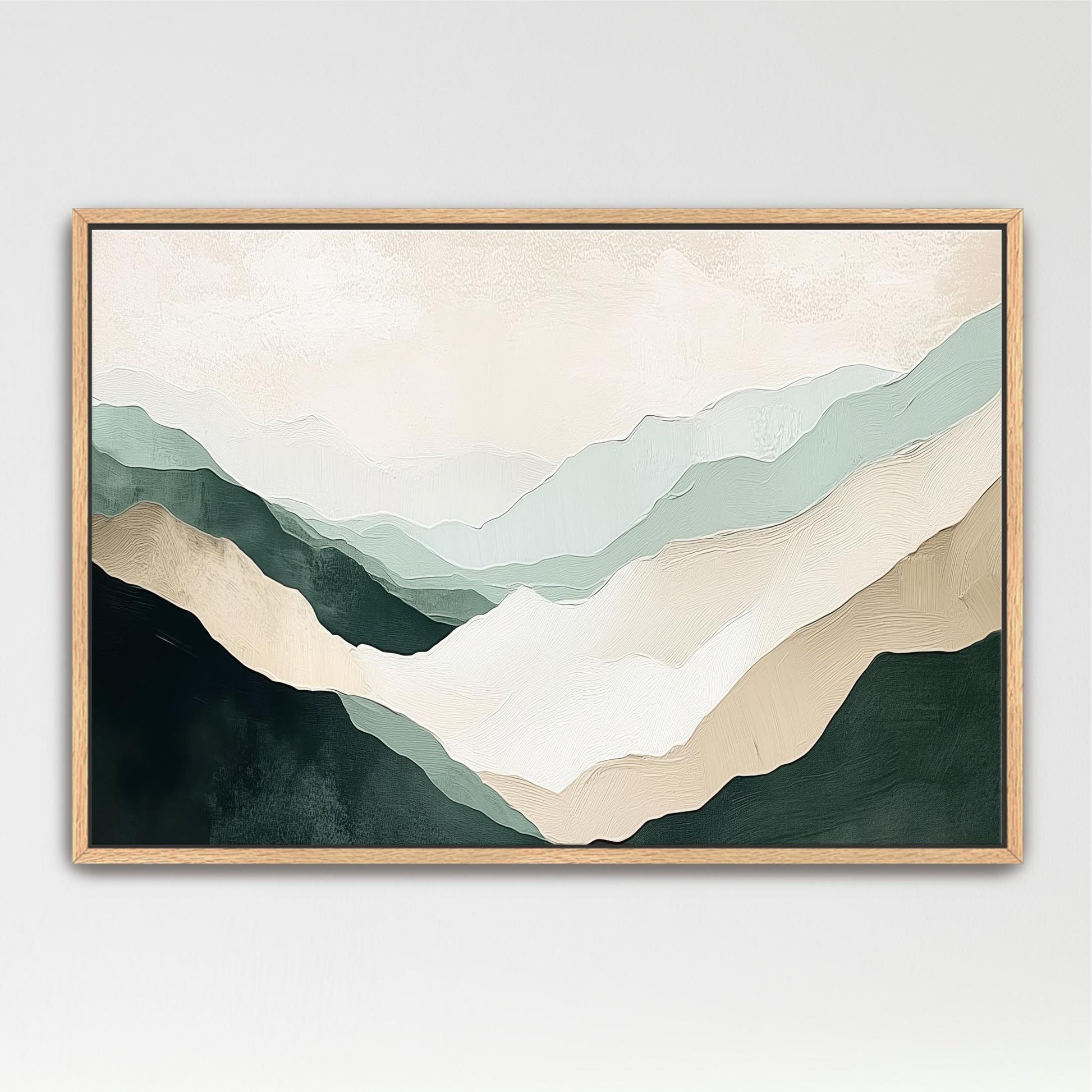 The image is a framed abstract painting depicting a landscape with mountains in various shades of green, beige, and brown.