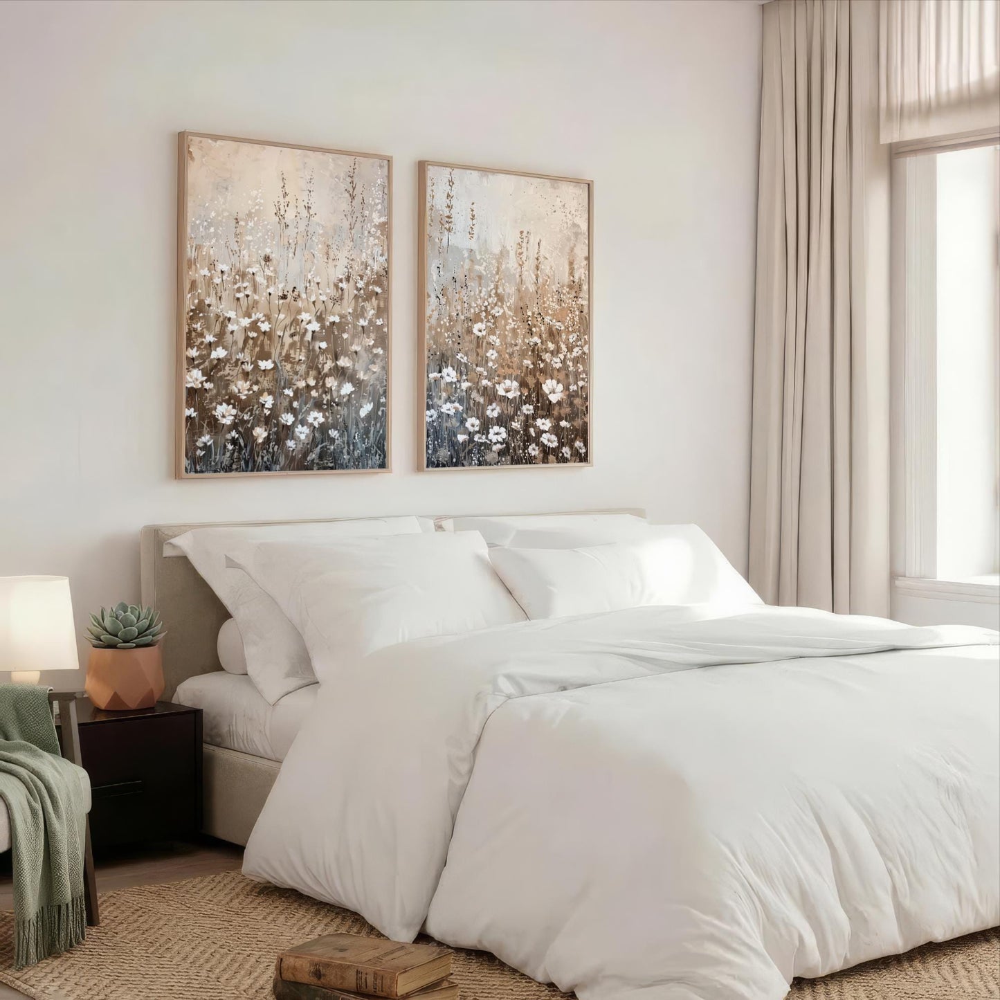 a serene and cozy bedroom with a large bed, white bedding, and two framed floral paintings on the wall above it.