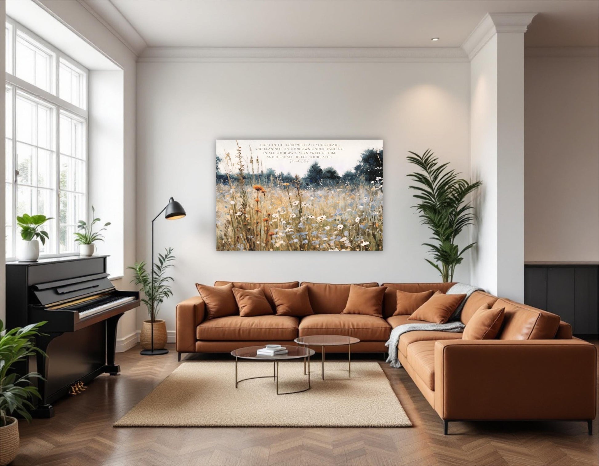 a spacious living room with a large window, a piano, a brown sofa, a coffee table, and a painting of a field of flowers on the wall.