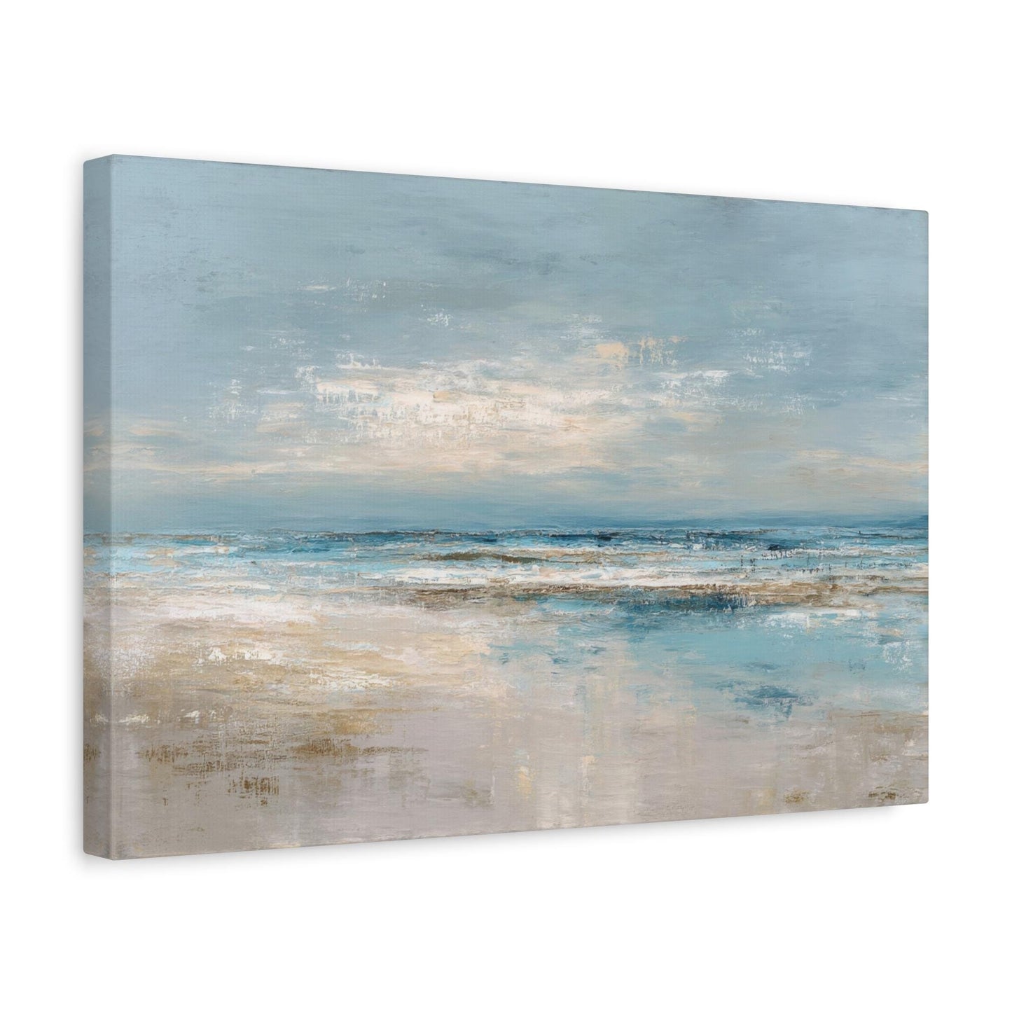 The image is a painting depicting a serene ocean landscape with a cloudy sky above.