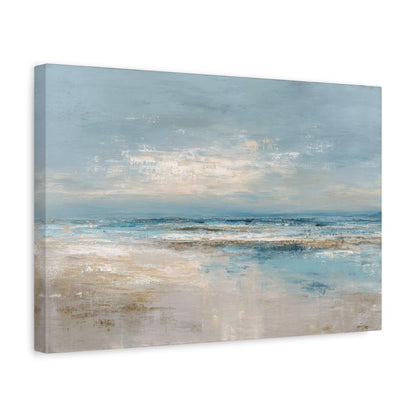 The image is a painting depicting a serene ocean landscape with a cloudy sky above.
