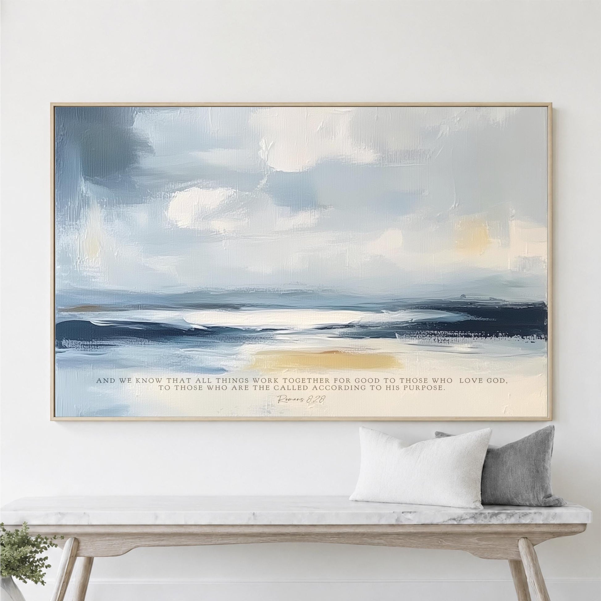 Ocean Abstract Scripture Wall Art, Custom Landscape Romans 8:28 Framed Canvas Print, Christian Decor, Blue Gold Bible Verse Artwork