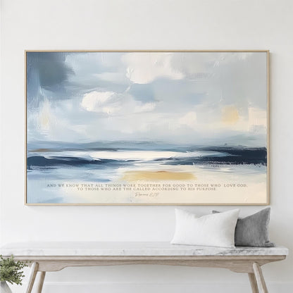 Ocean Abstract Scripture Wall Art, Custom Landscape Romans 8:28 Framed Canvas Print, Christian Decor, Blue Gold Bible Verse Artwork
