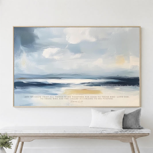 Ocean Abstract Scripture Wall Art, Custom Landscape Romans 8:28 Framed Canvas Print, Christian Decor, Blue Gold Bible Verse Artwork