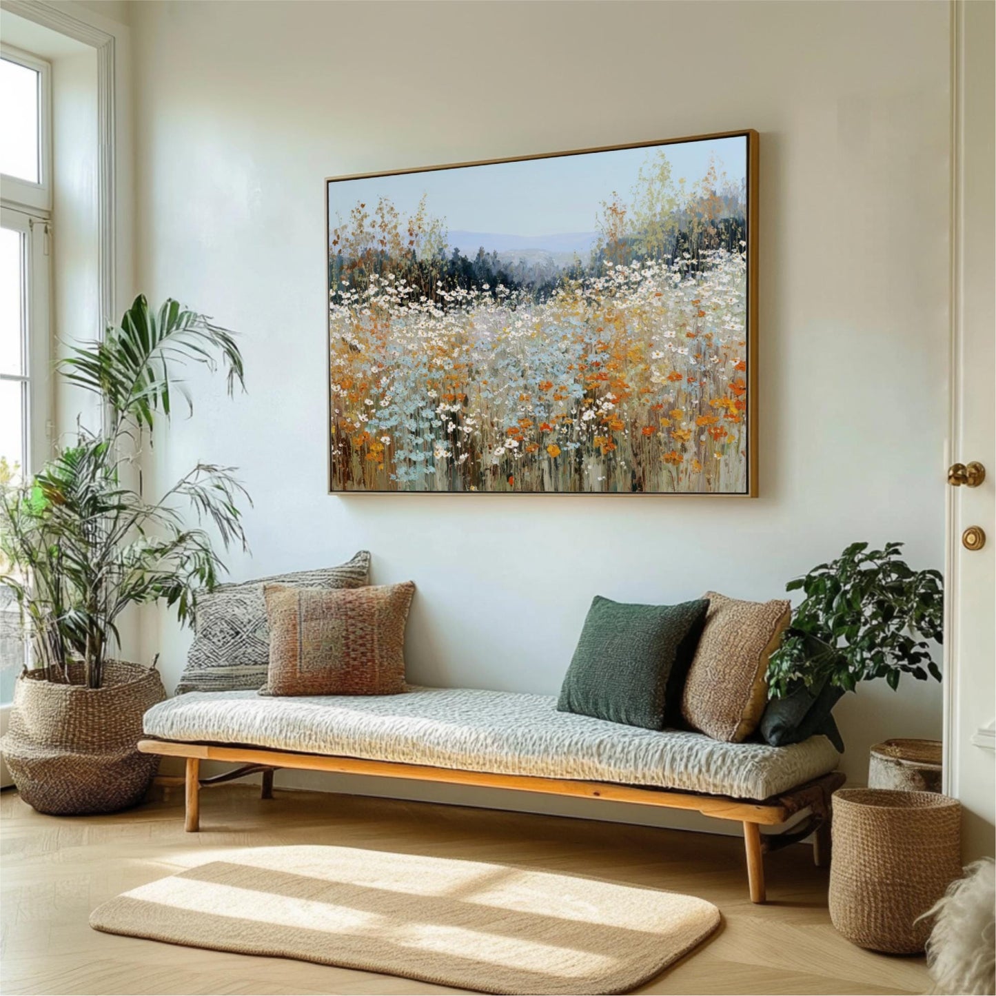 a cozy living room with a large painting of a field of flowers hanging on the wall above a wooden bench with pillows. The room is decorated with potted plants and a rug, creating a warm and inviting atmosphere.