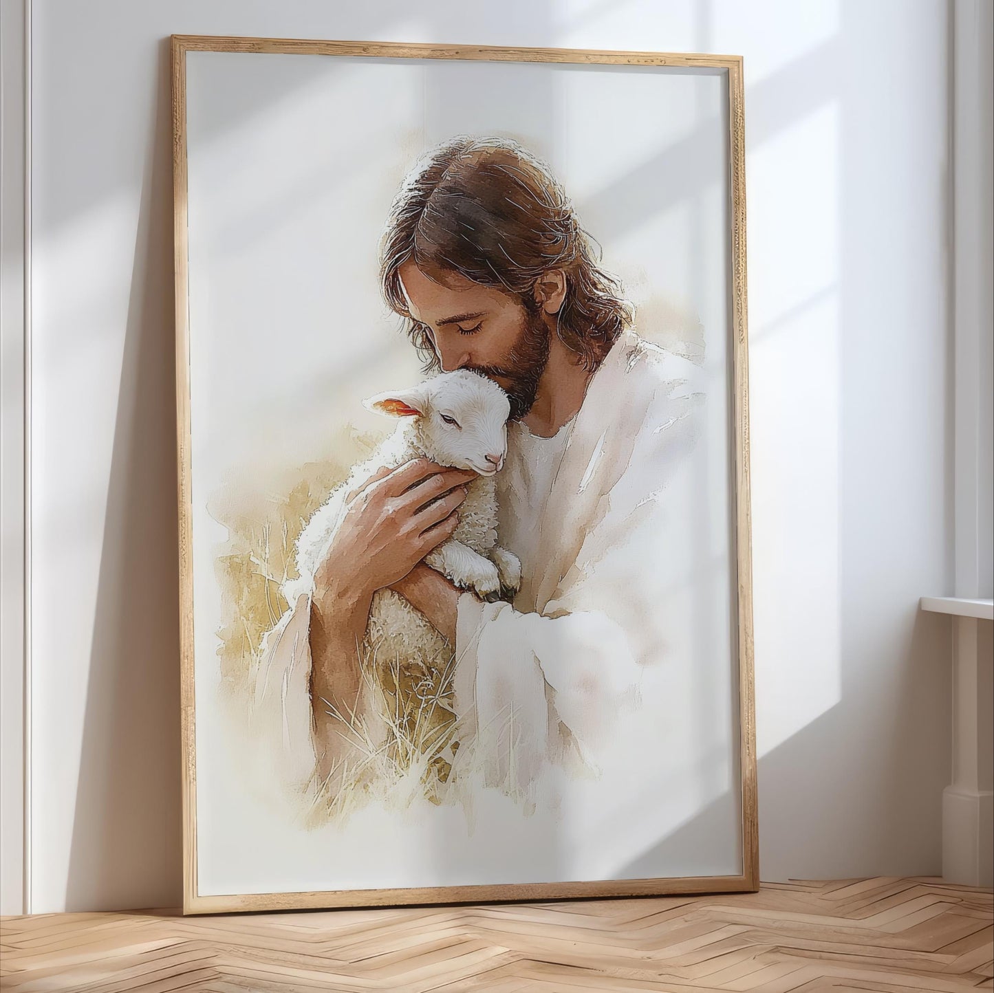 A framed painting depicting Jesus Christ holding a lamb, with a serene and peaceful expression on his face.