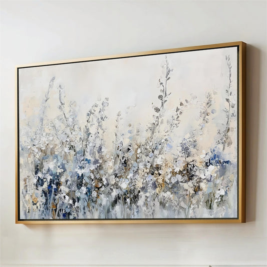 The image is a large painting or artwork depicting a field of flowers or plants with a predominantly white and blue color palette.