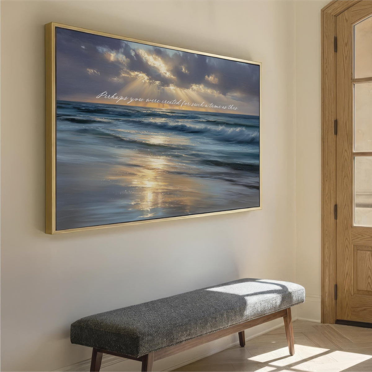 a large framed painting of a serene ocean scene with a bench in the foreground.