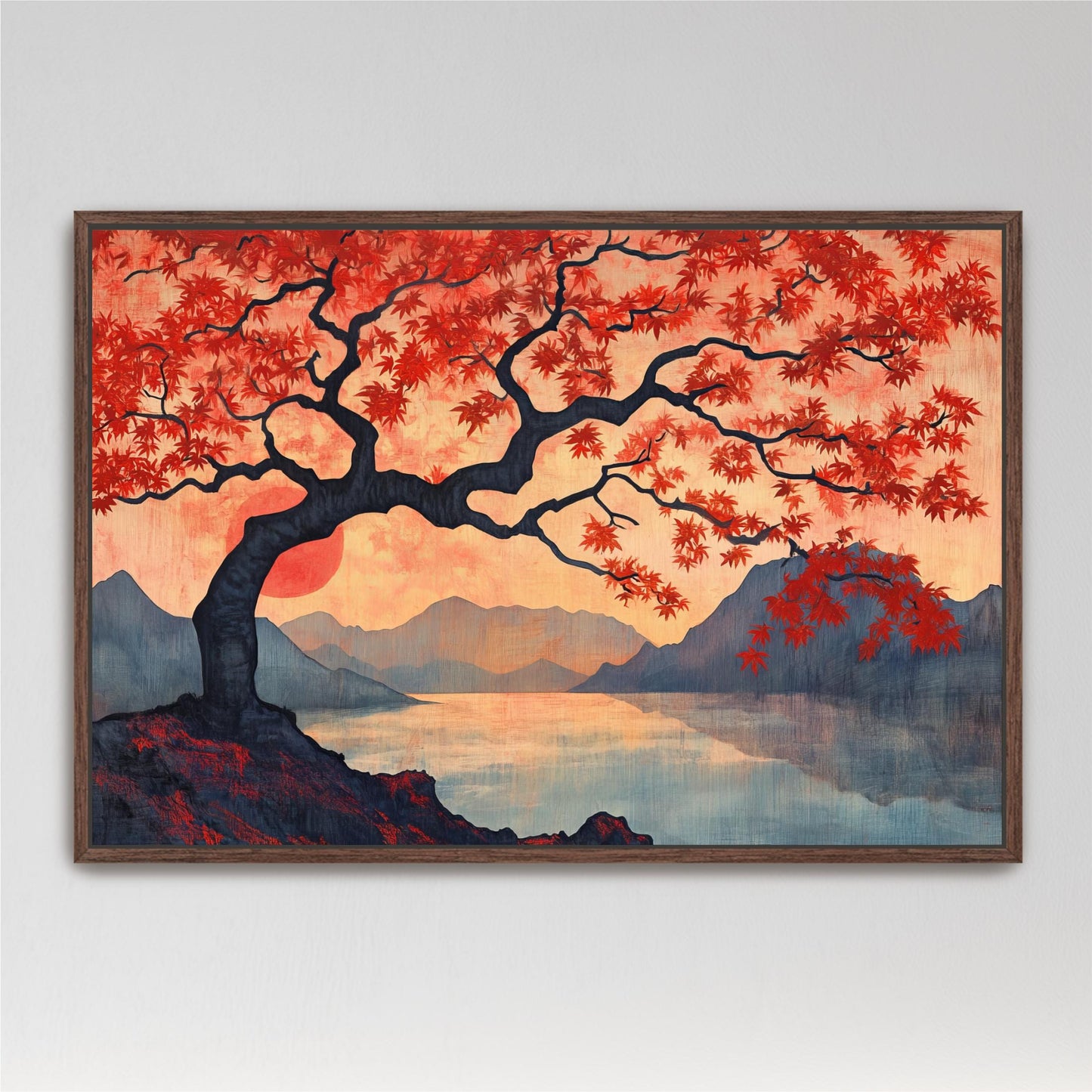 a painting of a tree with red leaves