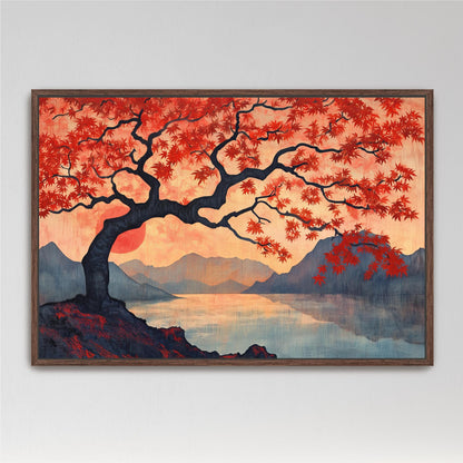 a painting of a tree with red leaves
