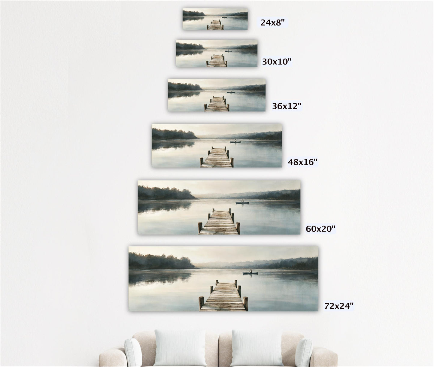 A series of framed landscape paintings depicting a wooden dock leading to a calm lake, with varying sizes and orientations.