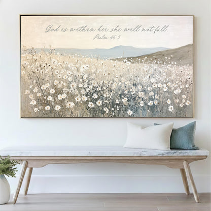 a large painting of a field of flowers hanging on a wall above a wooden bench.