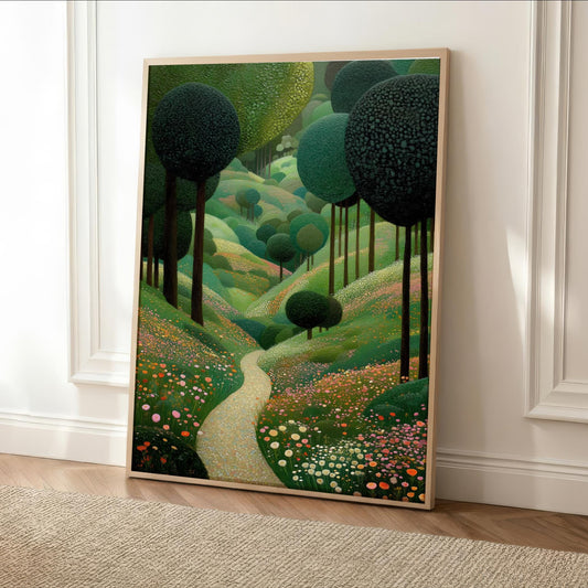 The image is a painting of a lush, verdant landscape with a winding path leading through a grove of trees and flowers.