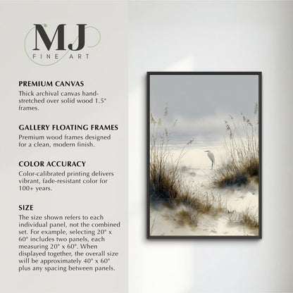 The image is a photograph of a bird standing in a field of tall grass, with a body of water in the background. The image is a natural scene with a sense of tranquility and beauty.