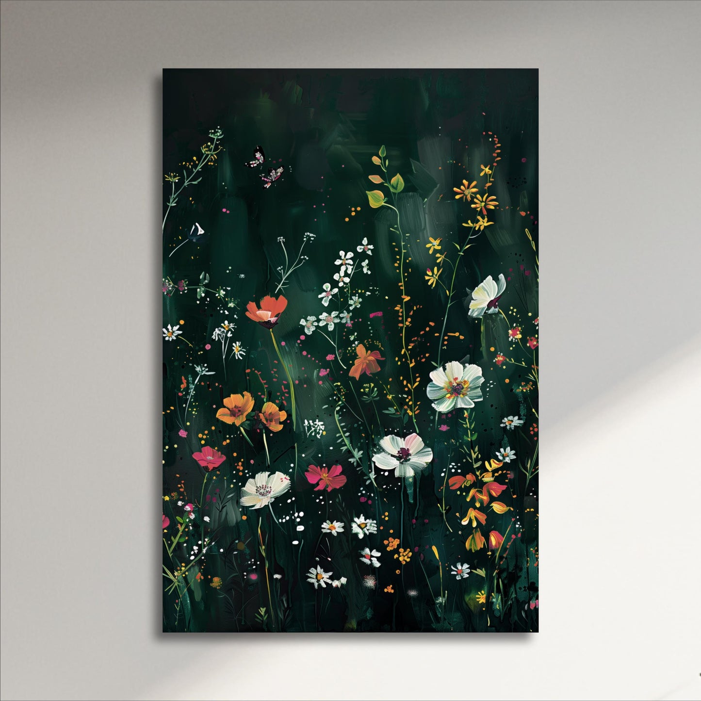 The image is a vibrant and colorful painting of a lush garden filled with a variety of flowers and plants, including white, orange, and yellow blooms, set against a dark green background.