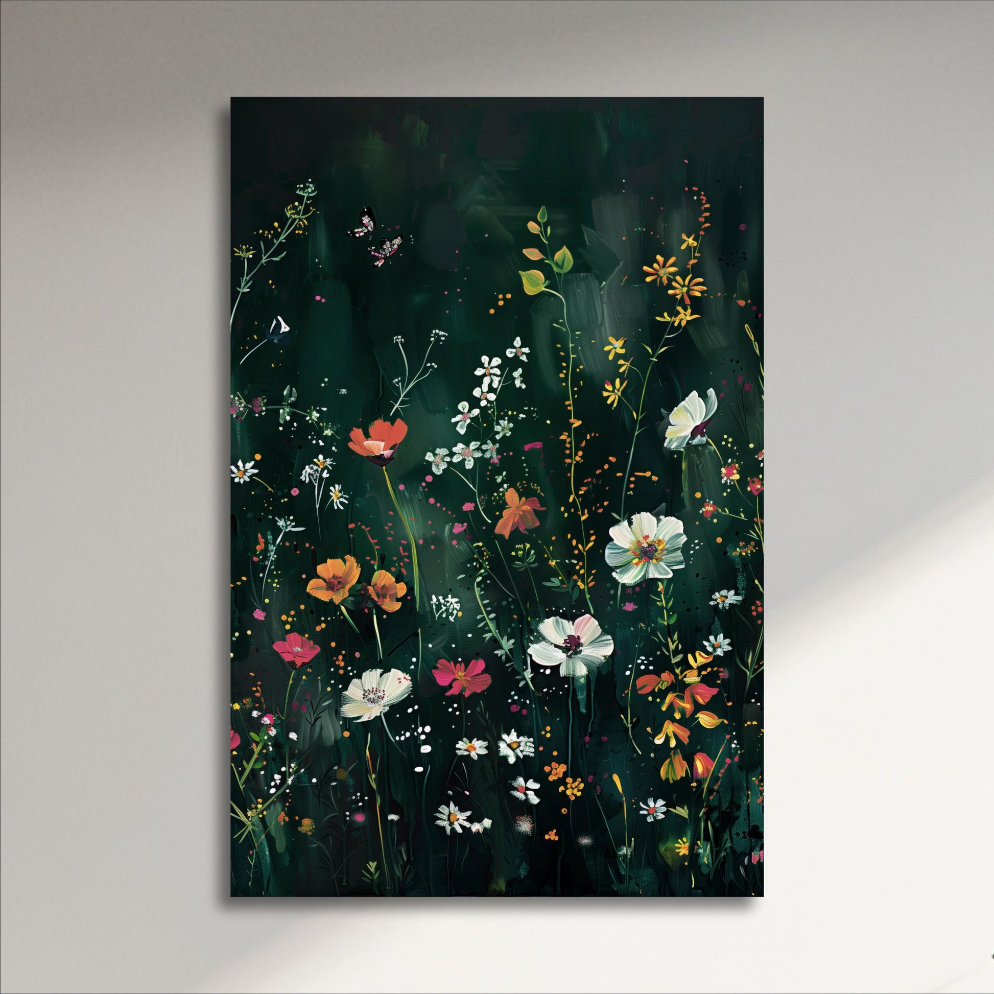 The image is a vibrant and colorful painting of a lush garden filled with a variety of flowers and plants, including white, orange, and yellow blooms, set against a dark green background.