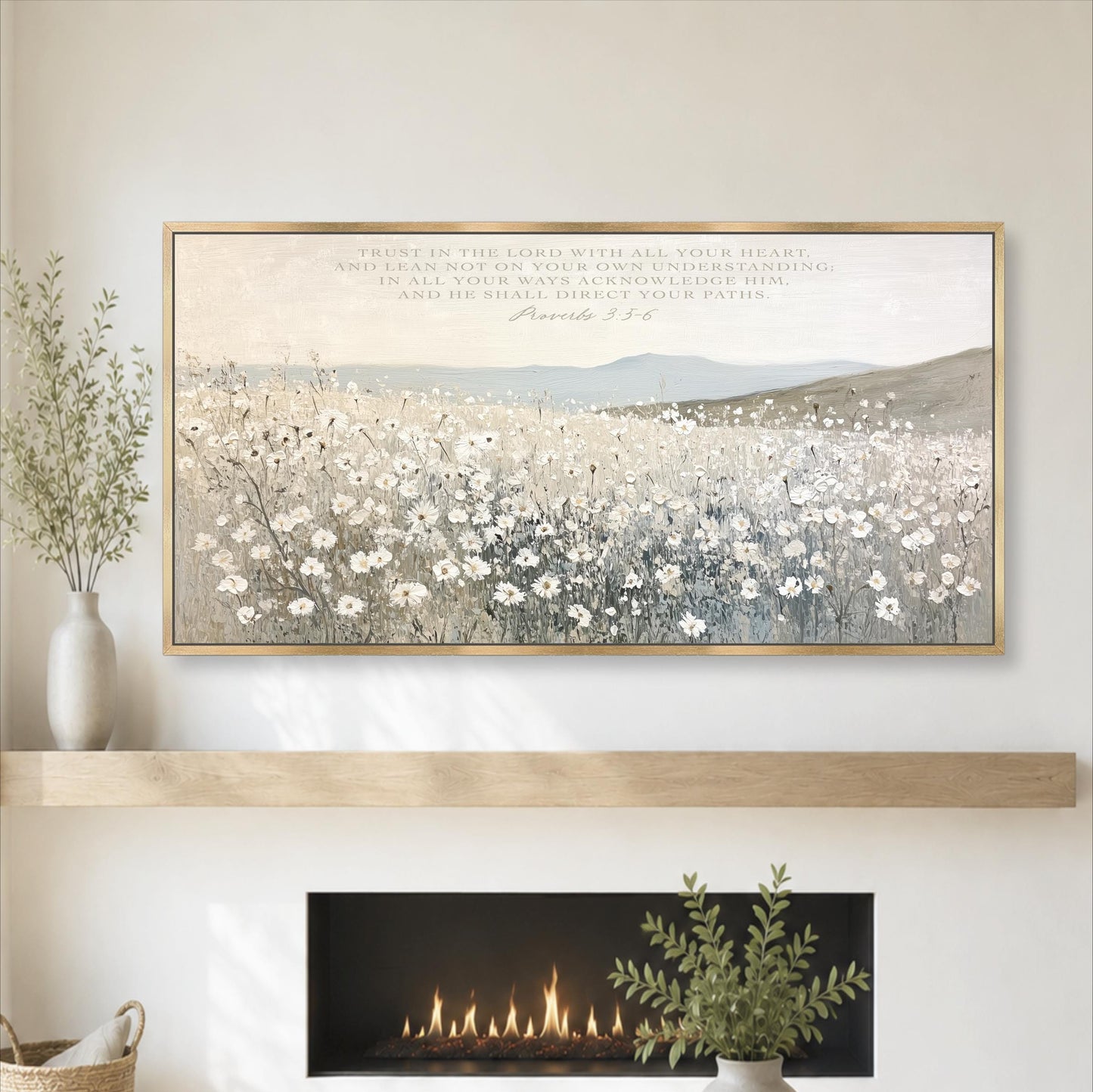 Wildflower Daisy Field Framed Art, Pale Blue Christian Decor, Vintage Mountains Landscape Canvas Print, Trust in the Lord Proverbs 3:5-6