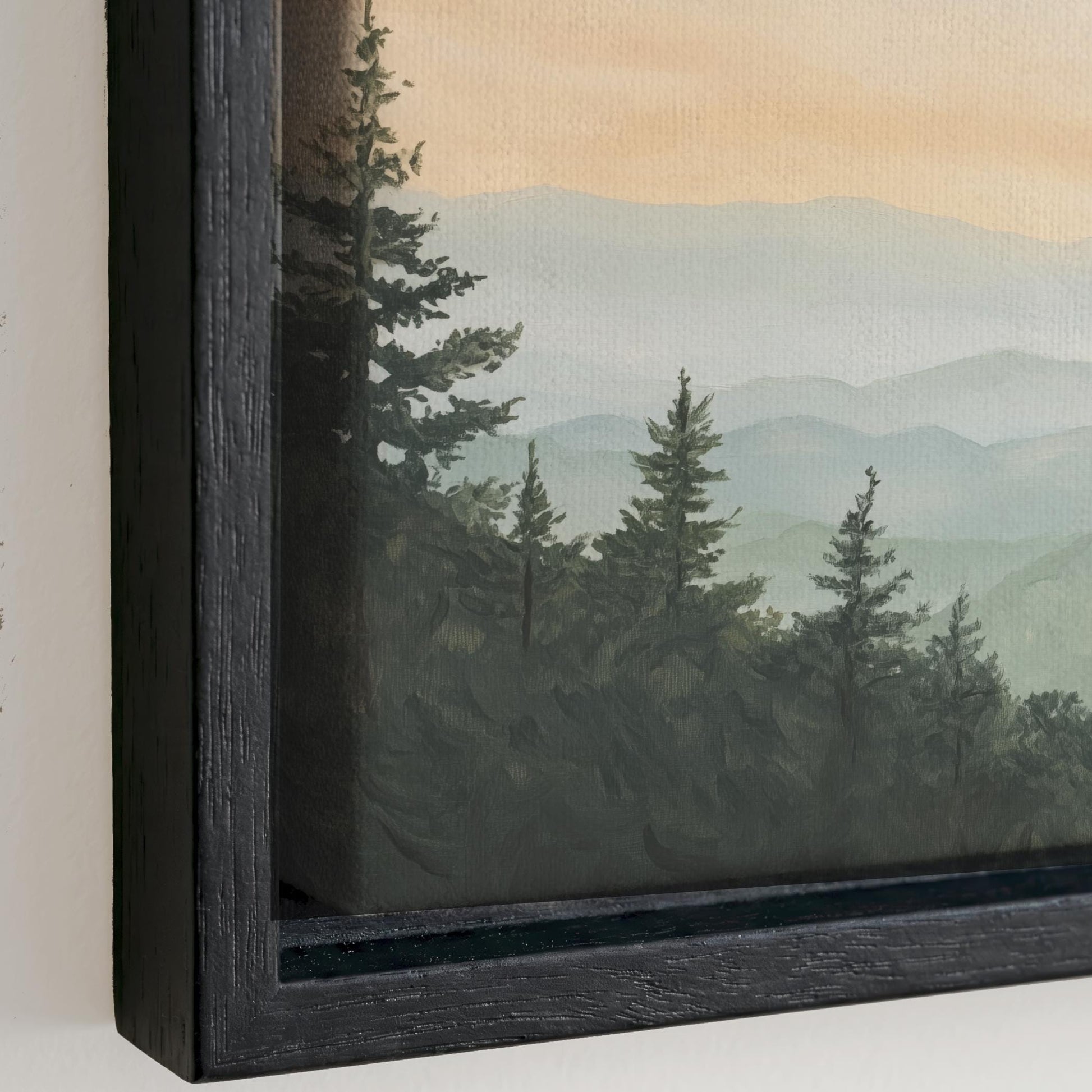 a serene landscape with a forest of pine trees in the foreground, set against a hazy, mountainous background.