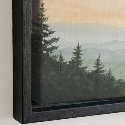 a serene landscape with a forest of pine trees in the foreground, set against a hazy, mountainous background.