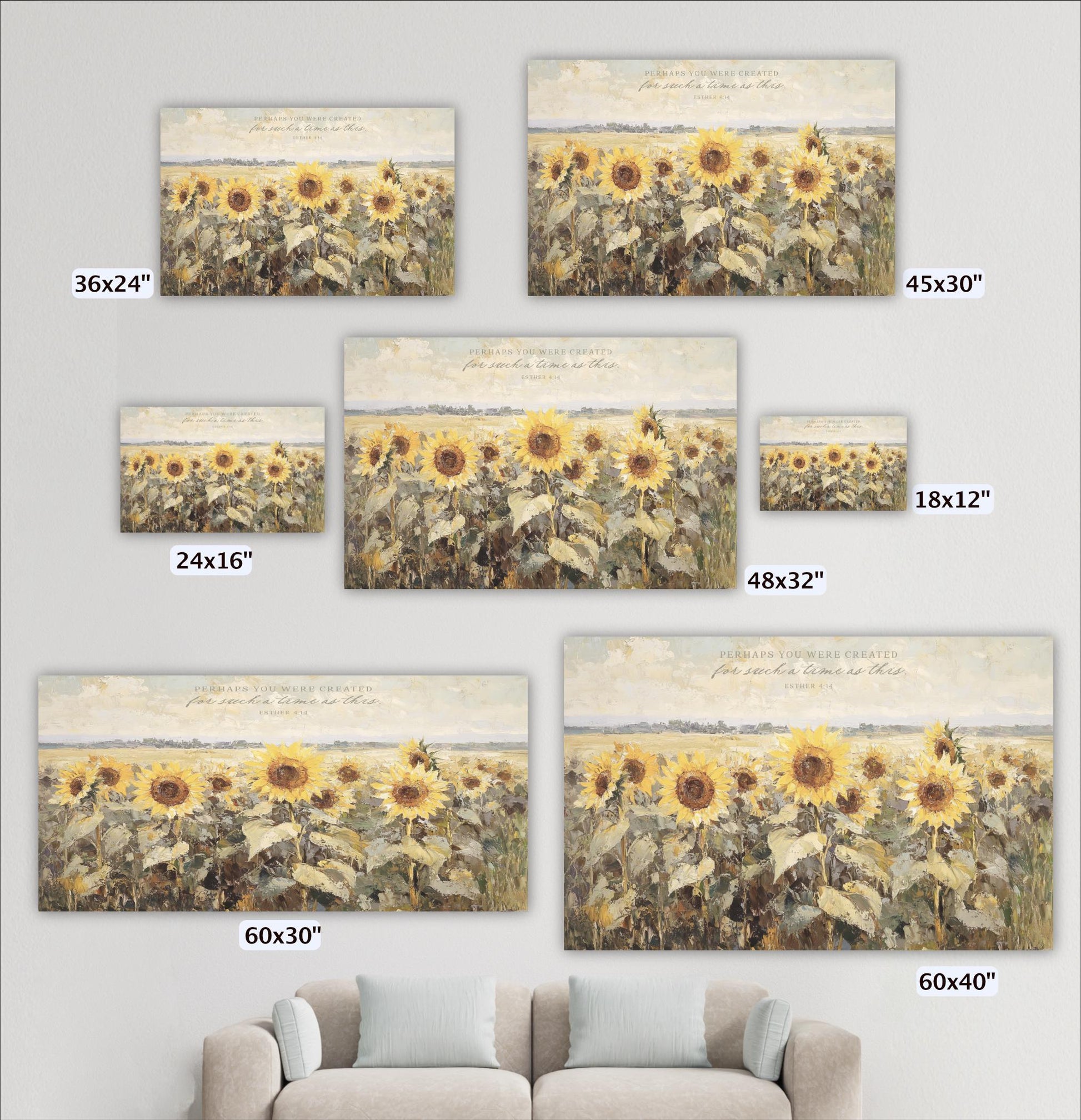 a collection of six framed paintings depicting a field of sunflowers. The paintings vary in size, ranging from 36x24" to 48x32". The text "You were created for this life, for this earth" is visible in the bottom right corner of each painting.